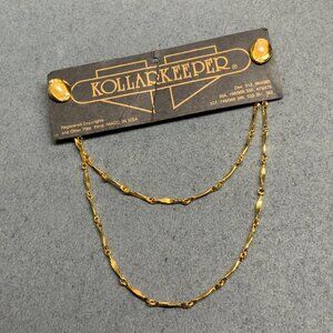Vintage KollarKeeper Collar Clips Gold Double Chain Pearl Rhinestone New On Card